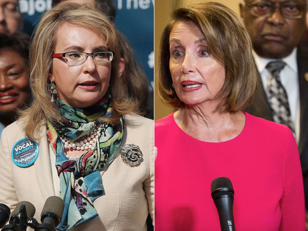 PHOTO: Former U.S. Congresswoman Gabby Giffords speaks on October 17, 2016 in New York City.|House Speaker Nancy Pelosi speaks on Capitol Hill on Jan. 3, 2019 in Washington, D.C.
