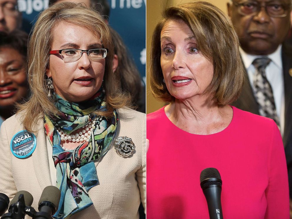 PHOTO: Former U.S. Congresswoman Gabby Giffords speaks on October 17, 2016 in New York City.|House Speaker Nancy Pelosi  speaks on Capitol Hill on Jan. 3, 2019 in Washington, D.C.