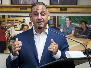 Gil Cisneros, Democrat running for Californias 39th Congressional district seat in Congress, speaks to the Hacienda Heights Improvement Association meeting, May 21, 2018 in Industry, California.