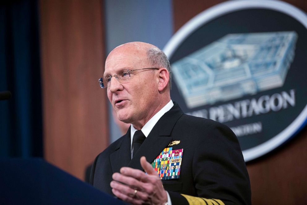 PHOTO: Chief of Naval Operations Adm. Michael M. Gilday speaks at a briefing about the Navy's response to COVID-19, at the Pentagon, Washington, D.C., April 1, 2020.
