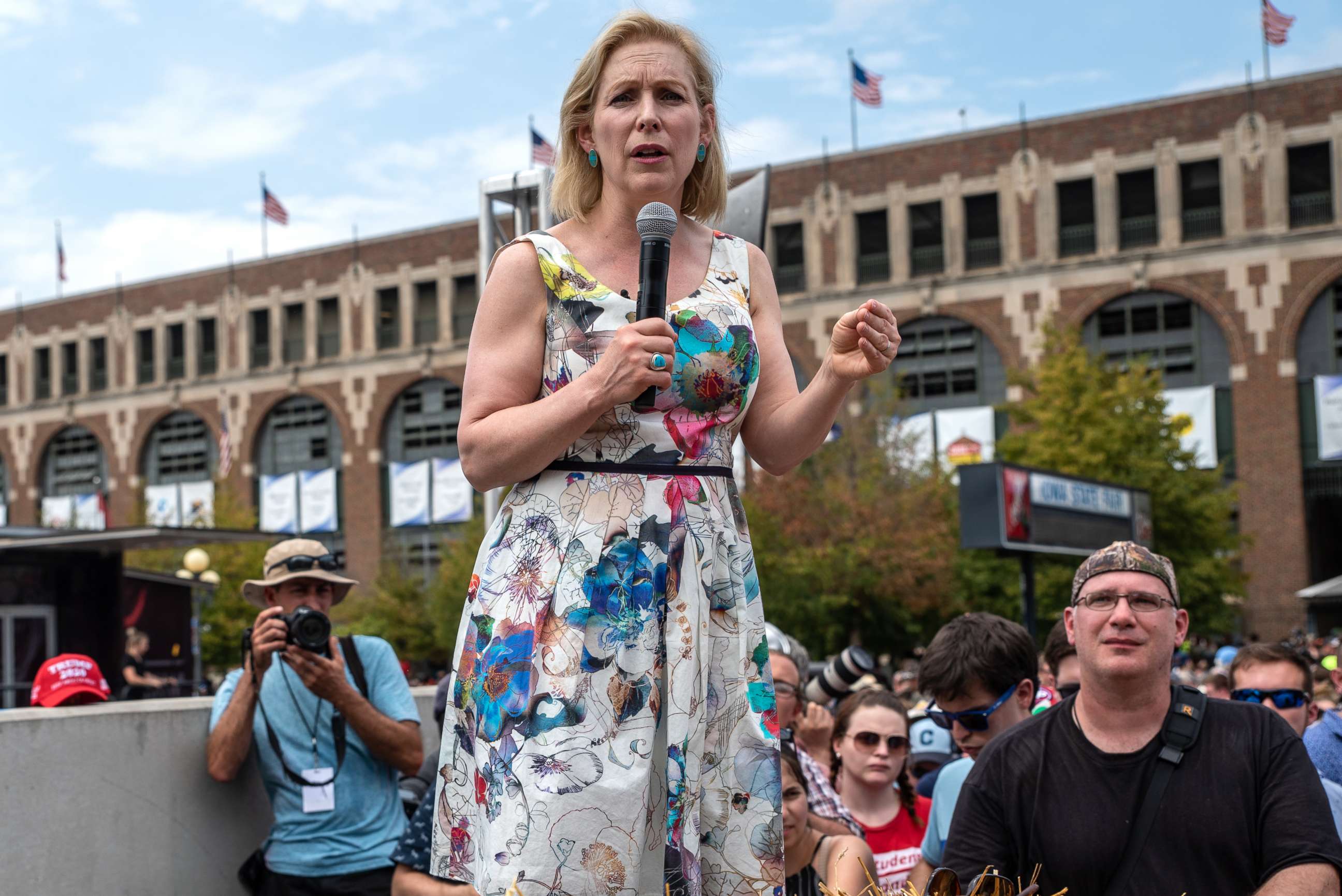PHOTO: Democratic presidential candidate U.S. Sen. Kirsten Gillibrand (D-NY) speaks to a crowd at the Iowa State Fair on August 10, 2019 in Des Moines, Iowa.