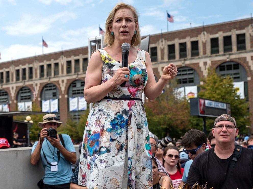 PHOTO: Democratic presidential candidate U.S. Sen. Kirsten Gillibrand (D-NY) speaks to a crowd at the Iowa State Fair on August 10, 2019 in Des Moines, Iowa.