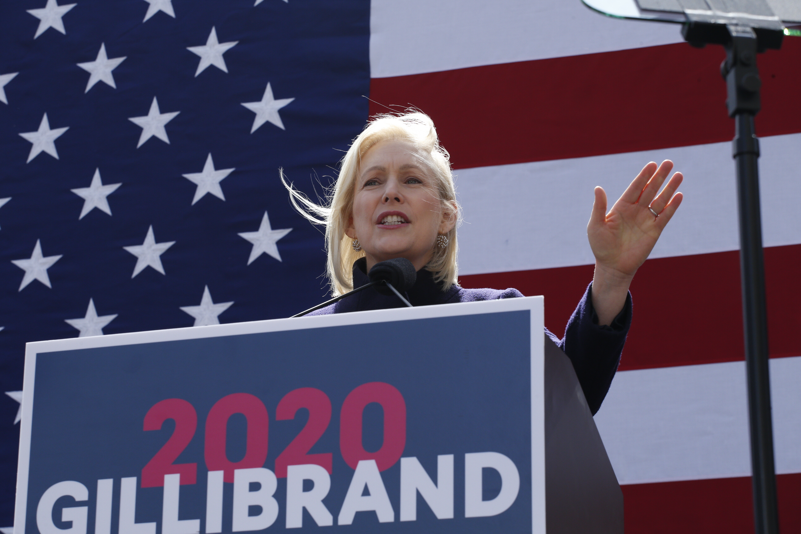 PHOTO: Democratic presidential candidate U.S. Sen. Kirsten Gillibrand speaks during a rally in front of Trump International Hotel & Tower, March 24, 2019, in New York. 
