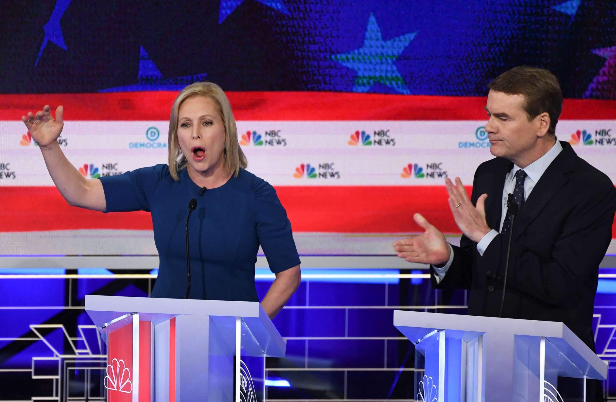 PHOTO: Kristen Gillibrand and Michael Bennet participate in the second night of the first 2020 democratic presidential debate at the Adrienne Arsht Center for the Performing Arts in Miami, June 27, 2019.
