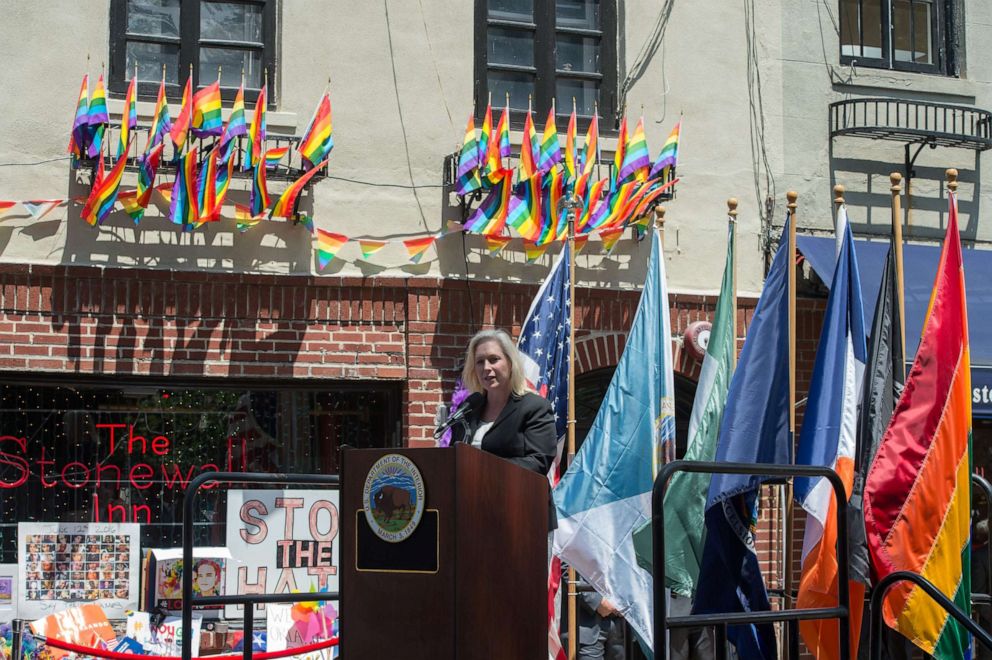 PHOTO: NY Senator Kirsten Gillibrand speaks as Mayor Bill de Blasio joins elected officials, advocates and New Yorkers in designating Stonewall Inn a National Monument, June 27, 2016, in New York.