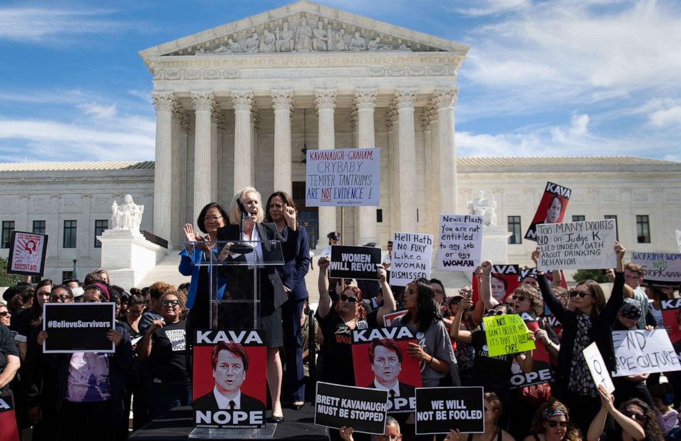 PHOTO: Senator Kirsten Gillibrand speaks alongside Senator Kamala Harris and Senator Mazie Hirono, as demonstrators protest against Judge Brett Kavanaugh's nomination outside the U.S. Supreme Court in Washington, D.C., Sept. 28, 2018.