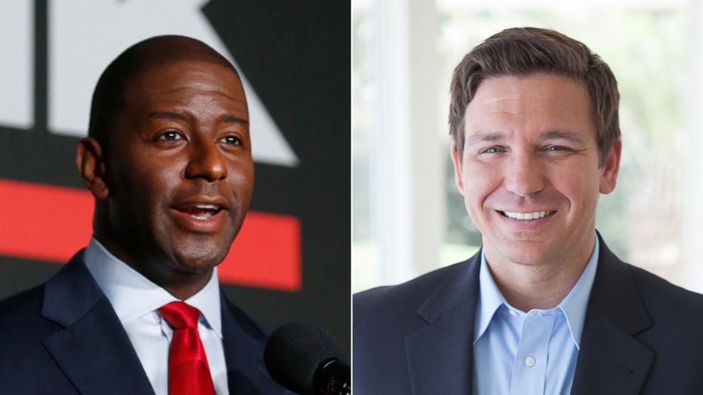 PHOTO: Democratic gubernatorial candidate, Tallahassee Mayor Andrew Gillum, speaks during a debate, July 18, 2018, in Fort Myers, Fla. | Candidate for Florida governor, Ron DeSantis is seen here in this undated photo.