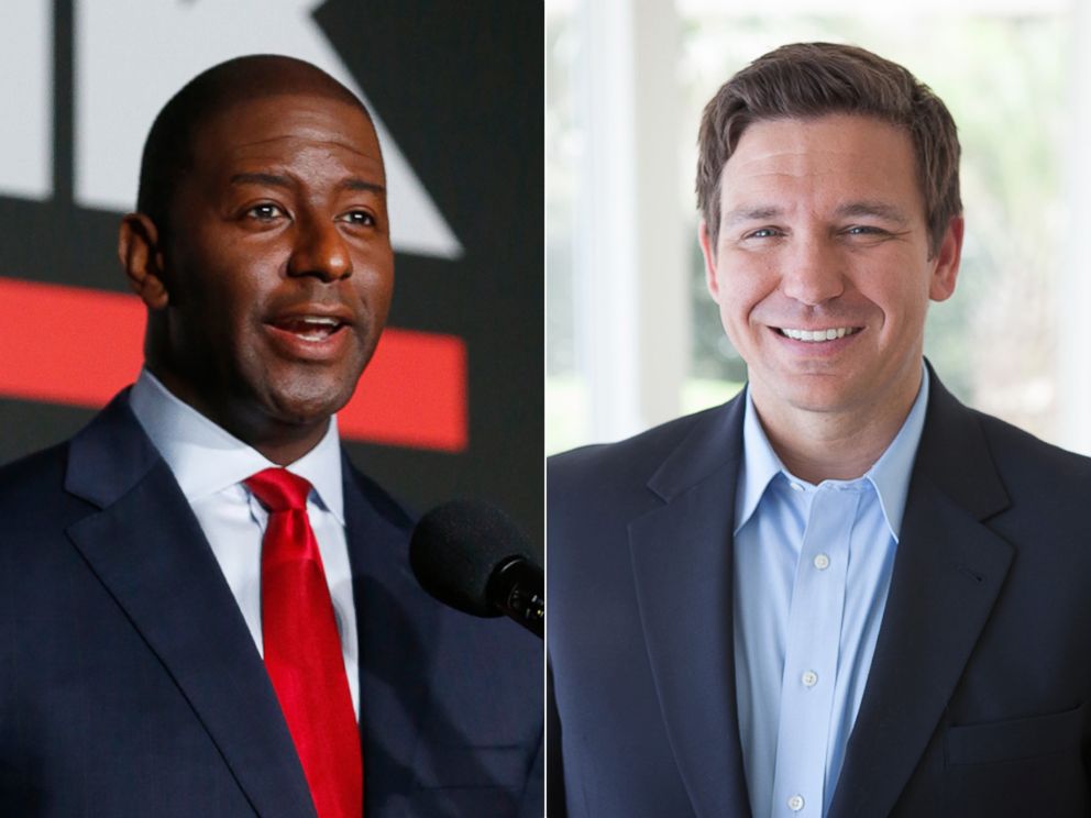 PHOTO: Tallahassee Mayor Andrew Gillum, Democratic Democrat candidate, speaks at a debate on July 18, 2018, in Fort Myers, Florida. | Florida governor candidate Ron DeSantis appears here in this undated photo.