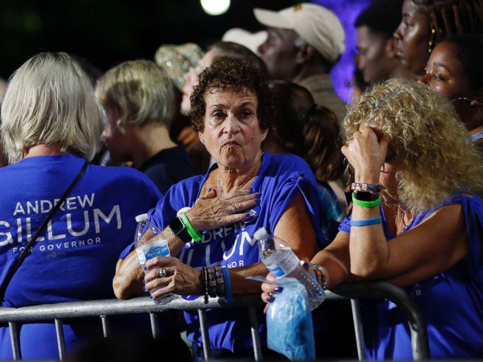 PHOTO: Supporters of Democratic gubernatorial candidate Andrew Gillum react at his midterm election night party in Tallahassee, Fla., Nov. 6, 2018.