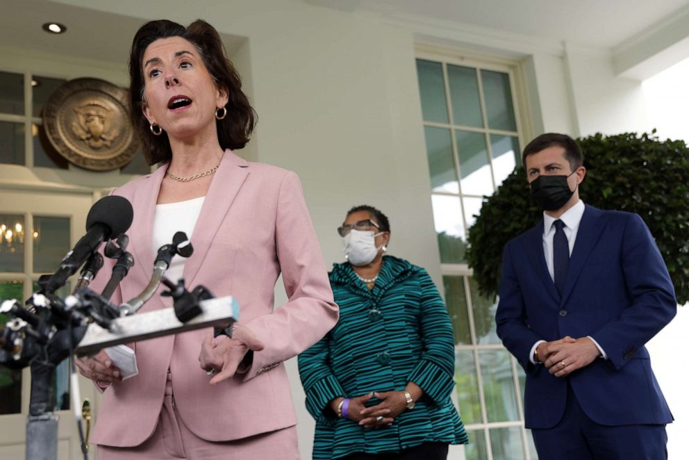 PHOTO: Commerce Secretary Gina Raimondo speaks to members of the press outside the West Wing of the White House after a meeting with President Joe Biden and Vice President Kamala Harris, May 7, 2021.