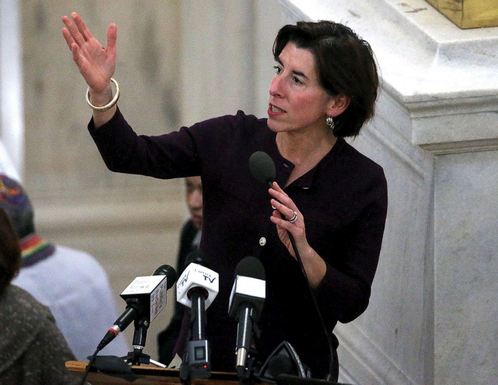 PHOTO: Rhode Island Governor Gina M. Raimondo speaks during an Interfaith Coalition to Reduce Poverty Vigil at the Rhode Island State House in Providence, Jan. 7, 2020.