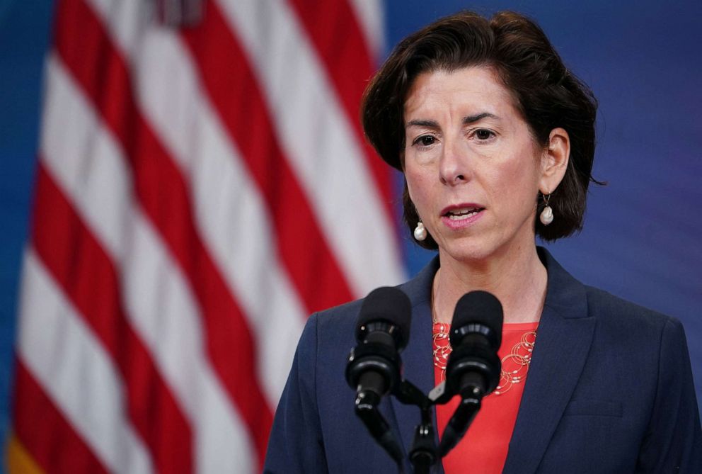 Commerce Secretary Gina Raimondo speaks at an event in the South Court Auditorium of the Eisenhower Executive Office Building on June 3, 2021.