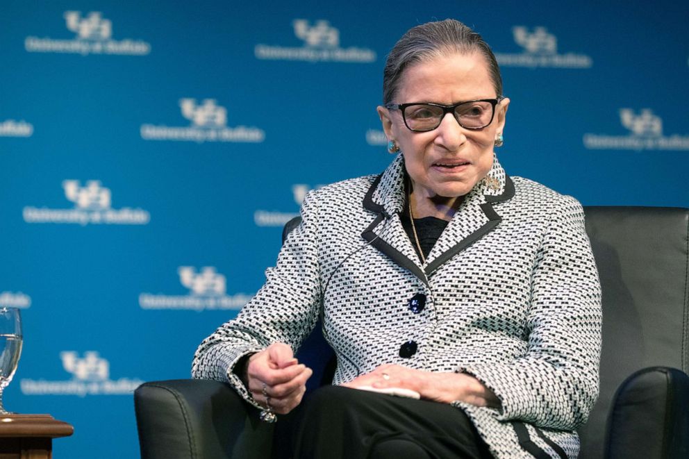 PHOTO: Supreme Court Justice Ruth Bader Ginsburg speaks during a reception where she was presented with an honorary doctoral degree at the University of Buffalo School of Law in Buffalo, N.Y., Aug. 26, 2019.  