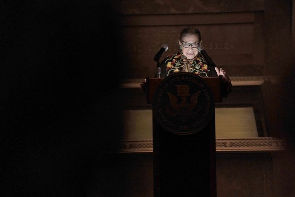 PHOTO: Supreme Court Justice Ruth Bader Ginsburg speaks during a naturalization ceremony at the Rotunda of the National Archives, Dec. 14, 2018, in Washington, DC.