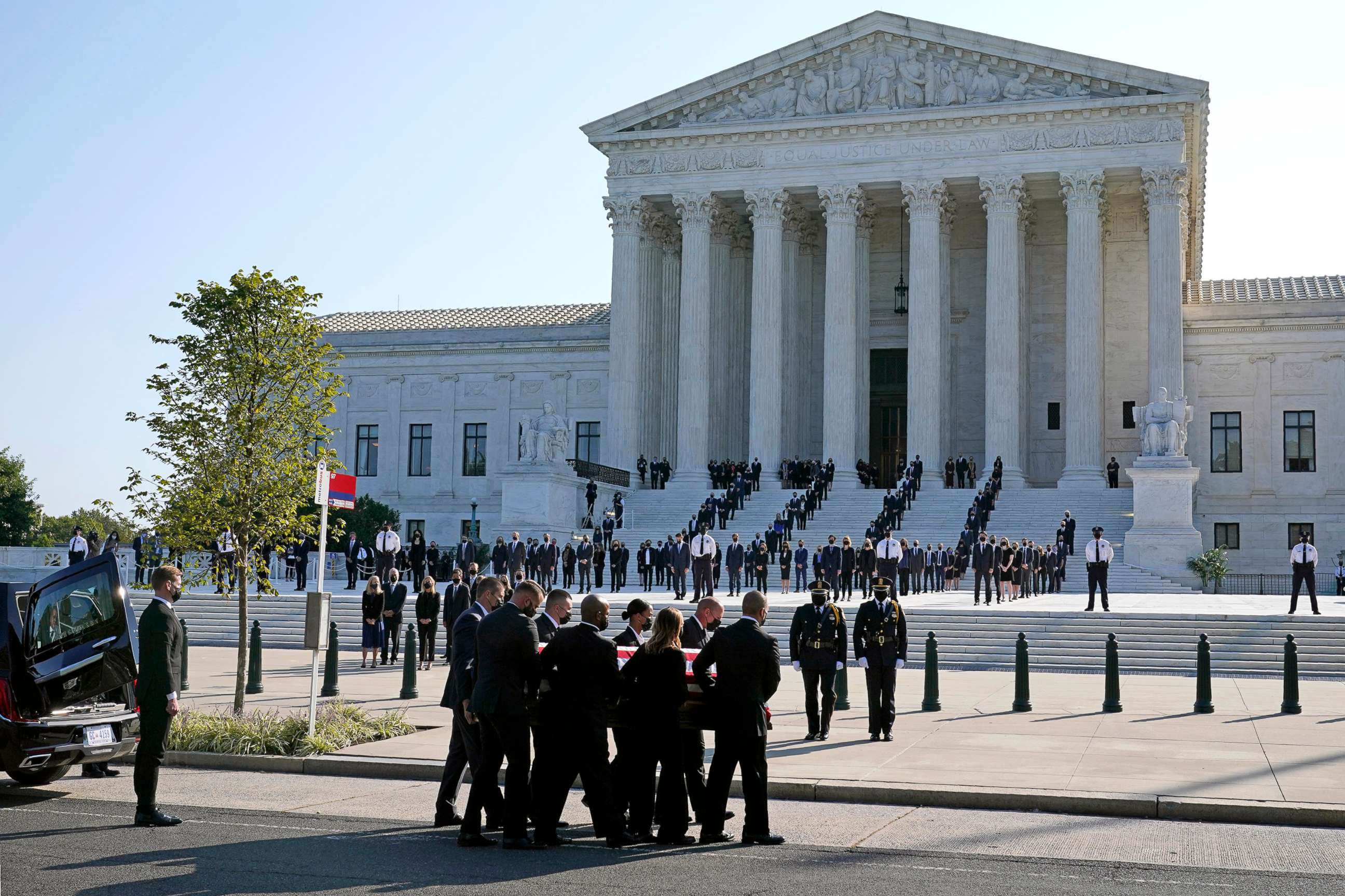 PHOTO: The flag-draped casket of Justice Ruth Bader Ginsburg arrives at the Supreme Court in Washington, D.C., Sept. 23, 2020.