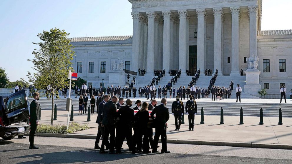 PHOTO: The flag-draped casket of Justice Ruth Bader Ginsburg arrives at the Supreme Court in Washington, D.C., Sept. 23, 2020.
