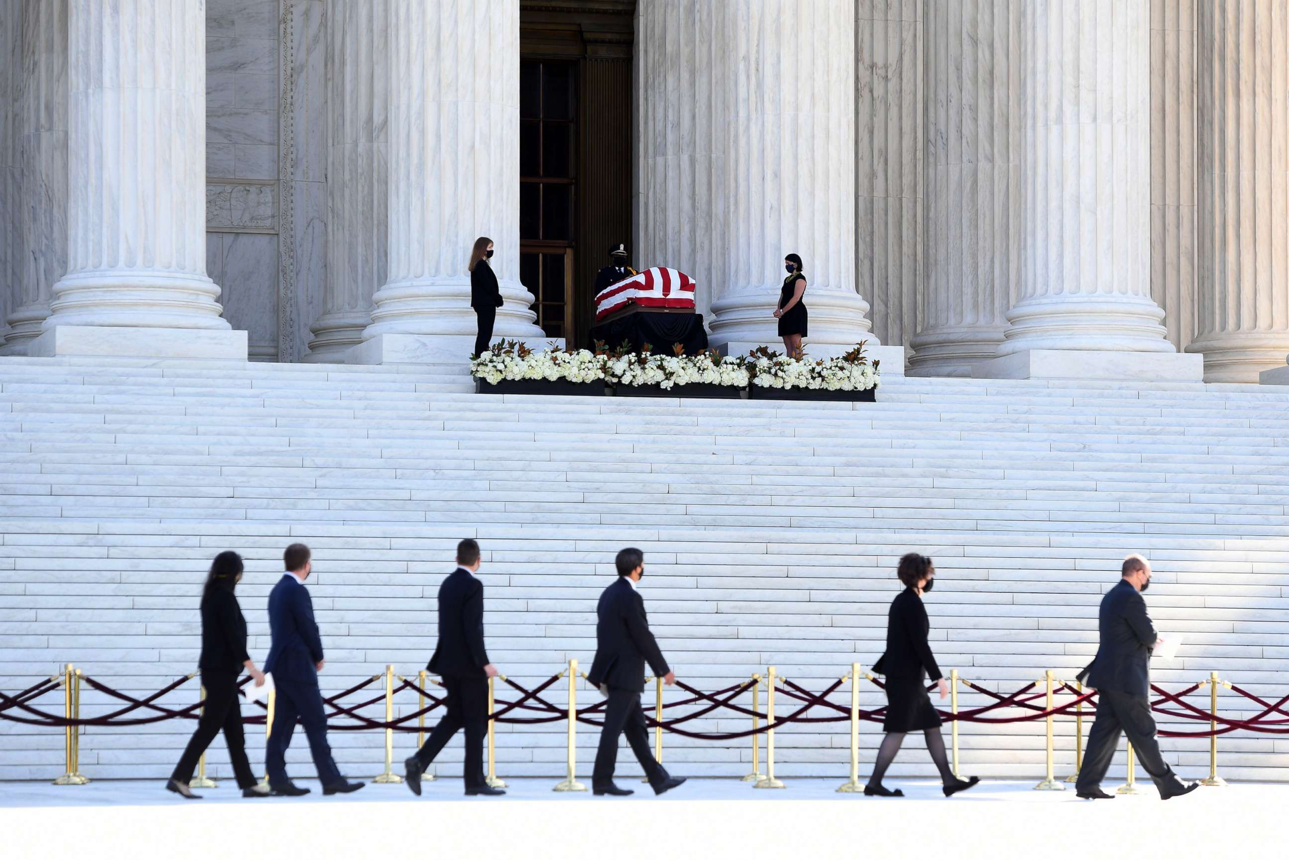 PHOTO: The casket of Supreme Court Justice Ruth Bader Ginsburg is placed on the steps of the U.S. Supreme Court in Washington, D.C., Sept.23, 2020.