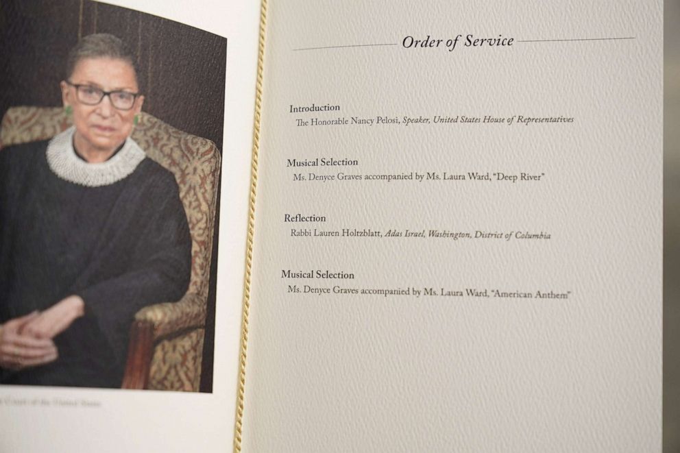 PHOTO: A program for the service of Justice Ruth Bader Ginsburg, is shown at the U.S. Capitol, where she will lie in state, in Washington, U.S., September 25, 2020. Alex Brandon/Pool via REUTERS