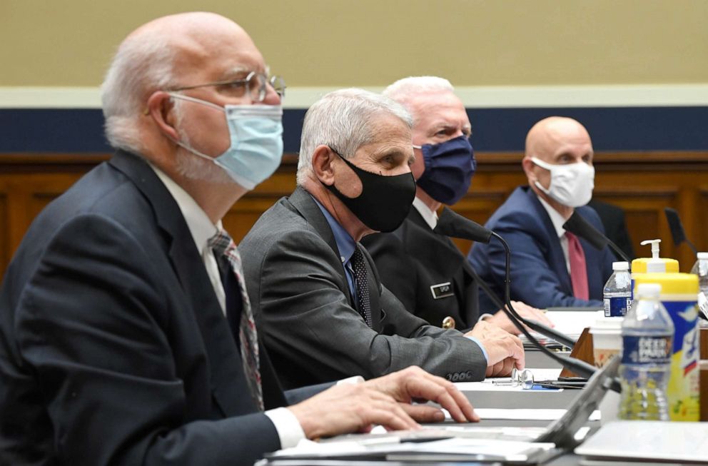 PHOTO: Dr. Robert Redfield, Dr. Anthony Fauci, Director, ADM Brett P. Giroir and Dr. Stephen M. Hahn testify during a House Energy and Commerce Committee hearing on Capitol Hill in Washington, DC, June 23, 2020.