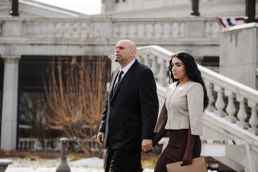 PHOTO: In this Jan. 15, 2019, file photo, Pennsylvania Lieutenant Governor John Fetterman and his wife Gisele walk to Pennsylvania Gov. Tom Wolf's inauguration at the state Capitol in Harrisburg, Pa.