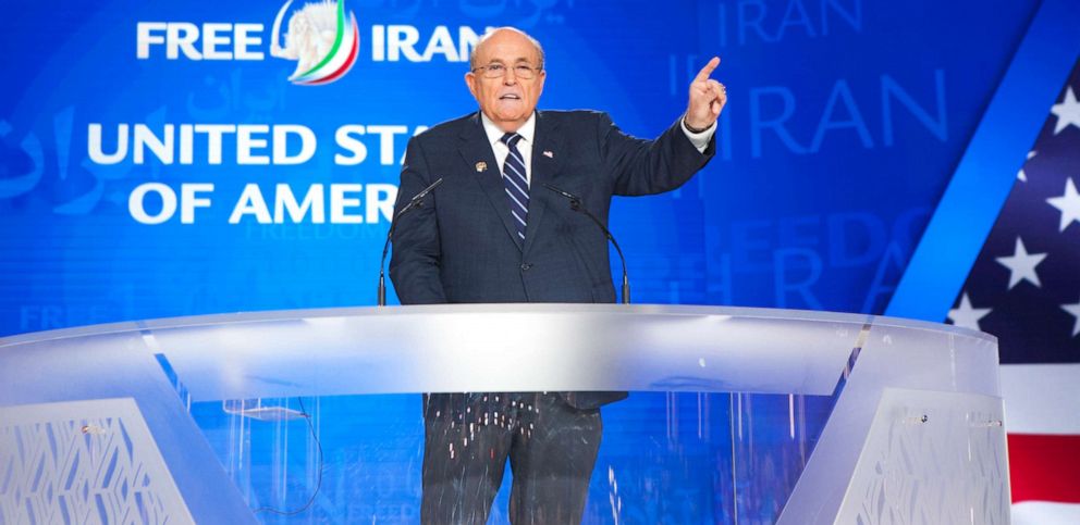 PHOTO: Rudy Giuliani addresses the annual Free Iran Conference at Ashraf 3, the headquarters of the Peoples Mujahideen Organization (MEK) of Iran on July 13, 2019, near Duress, Albania.