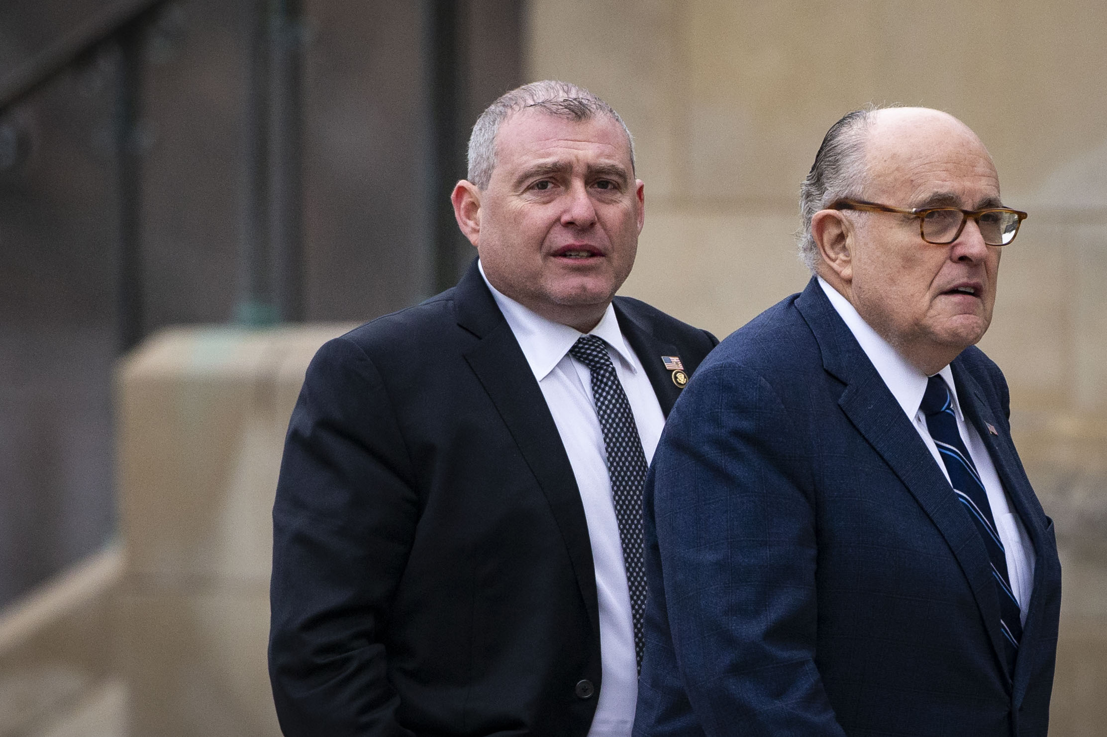 PHOTO: Rudy Giuliani arrives with his associate Lev Parnas before a state funeral service for former President George H.W. Bush at the National Cathedral in Washington, D.C., U.S., on Wednesday, Dec. 5, 2018.