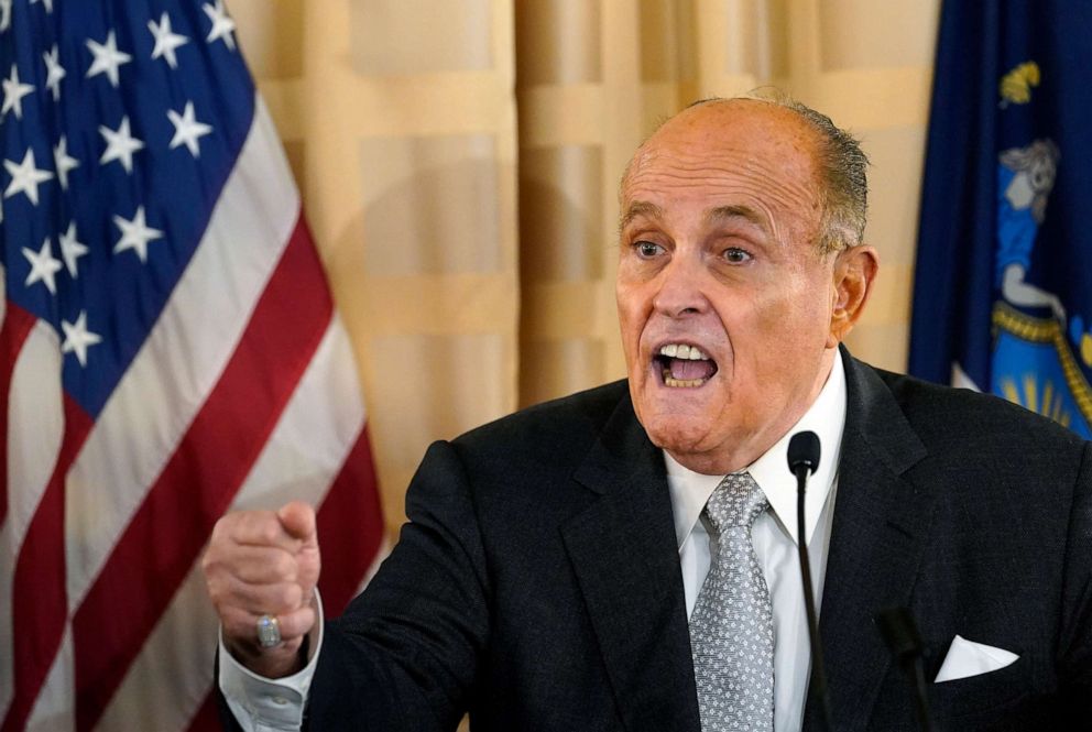 PHOTO: Rudy Giuliani speaks about crime and current conditions in New York City at a news conference at the Women's Republican Club, Sept. 16, 2020, in New York.
