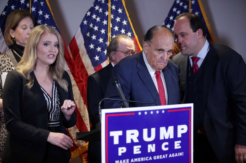 PHOTO: Trump Campaign Senior Legal Adviser Jenna Ellis speaks about the 2020 U.S. presidential election results at Republican National Committee headquarters in Washington, Nov. 19, 2020.