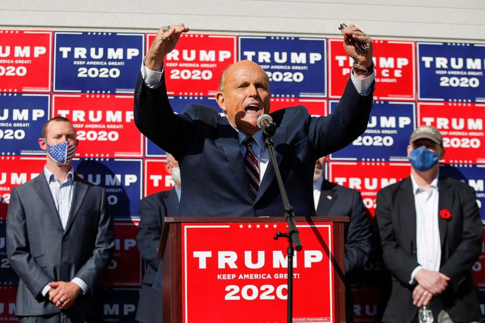 PHOTO: Former New York City Mayor Rudy Giuliani, personal attorney to President Donald Trump, gestures as he speaks after media announced that Joe Biden was the projected winner of the 2020 presidential election, in Philadelphia, Nov. 7, 2020.