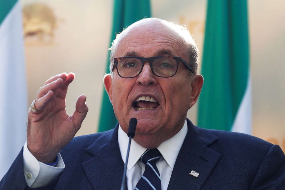 PHOTO: In this Sept. 14, 2019, file photo, former New York City Mayor Rudy Giuliani speaks during a rally to support a leadership  change in Iran outside the U.N. headquarters in New York.