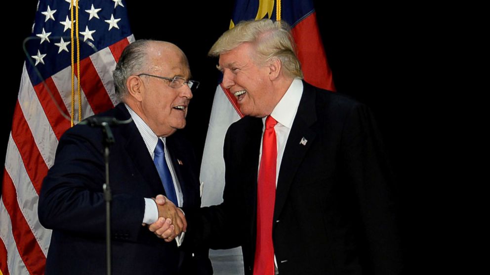 PHOTO: In this file photo, former New York City mayor Rudy Giuliani welcomes Republican presidential candidate Donald Trump on stage during a campaign rally, Aug. 18, 2016, at the Charlotte Convention Center in Charlotte, N.C.