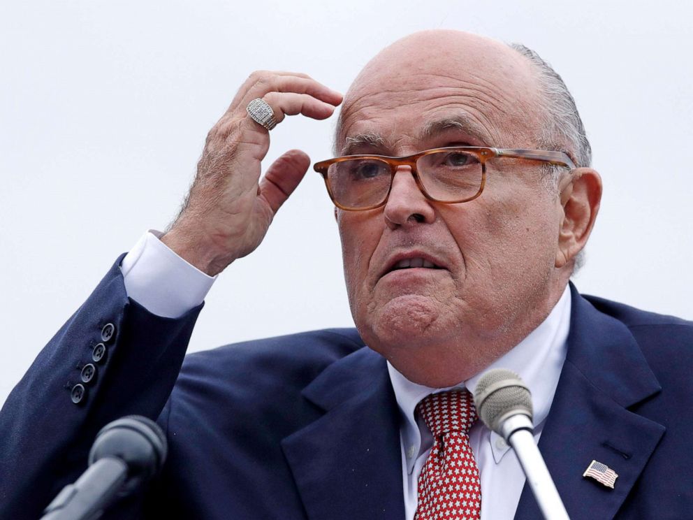 PHOTO: In this Aug. 1, 2018, file photo, Rudy Giuliani, an attorney for President Donald Trump, addresses a gathering during a campaign event in Portsmouth, N.H.