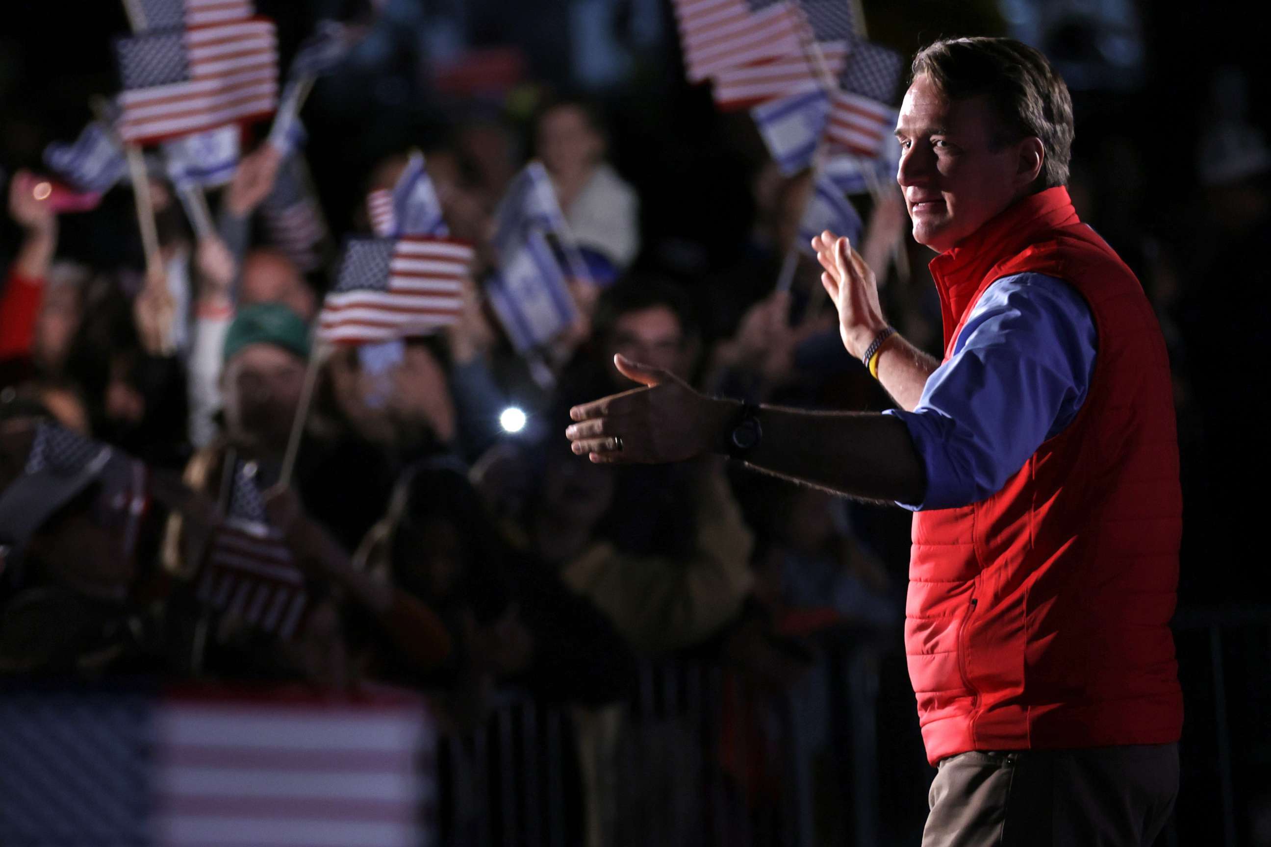 PHOTO: Gov. Glenn Youngkin, R-Va., speaks during a Get Out The Vote Rally at Segra Field on November 5, 2023, in Leesburg, Virginia. (Photo by Alex Wong/Getty Images)