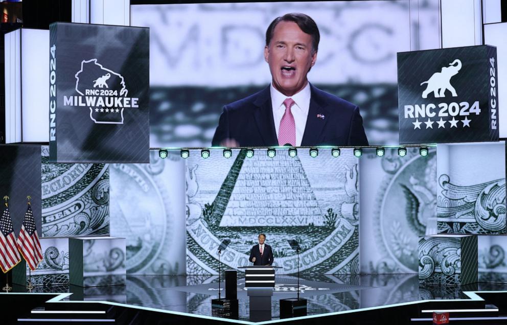 PHOTO: Virginia Governor Glenn Youngkin speaks during Day 1 of the Republican National Convention (RNC) in Milwaukee, Wis., July 15, 2024. 