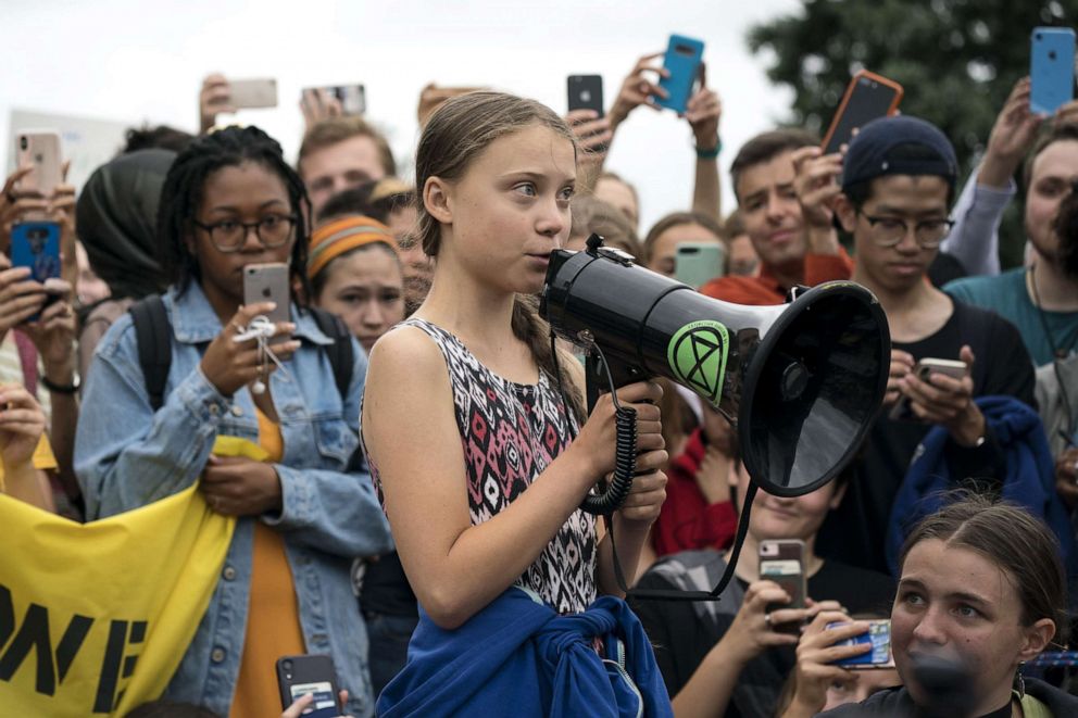 PHOTO: Teenage Swedish climate activist Greta Thunberg delivers brief remarks surrounded by other student environmental advocates during a strike to demand action be taken on climate change outside the White House on Sept. 13, 2019 in Washington.