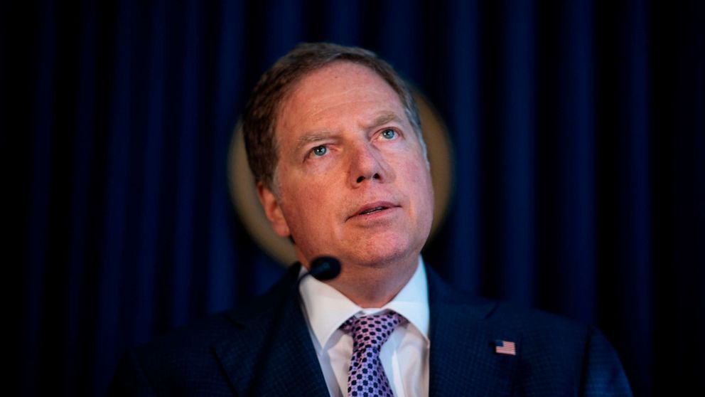 PHOTO: In this file photo taken on Oct. 10, 2019, U.S. Attorney for the Southern District of New York Geoffrey Berman speaks at a press conference in New York City.