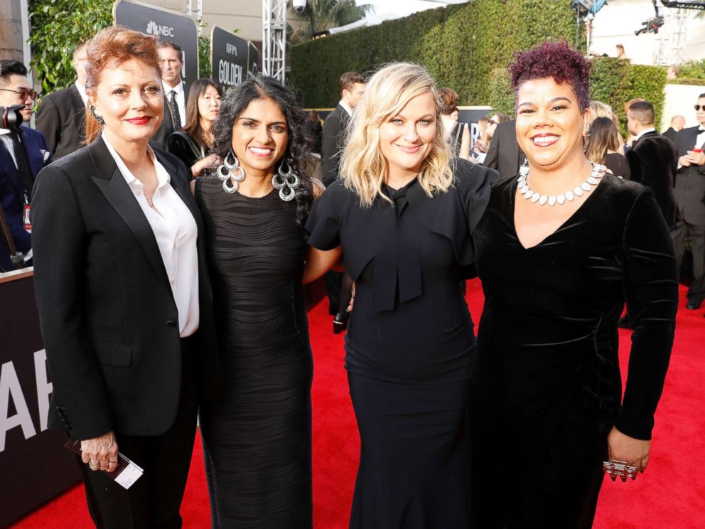 PHOTO: Susan Sarandon, activist Saru Jayaraman, actor Amy Poehler and activist Rosa Clemente arrive to the 75th Annual Golden Globe Awards held at the Beverly Hilton Hotel on Jan. 7, 2018.