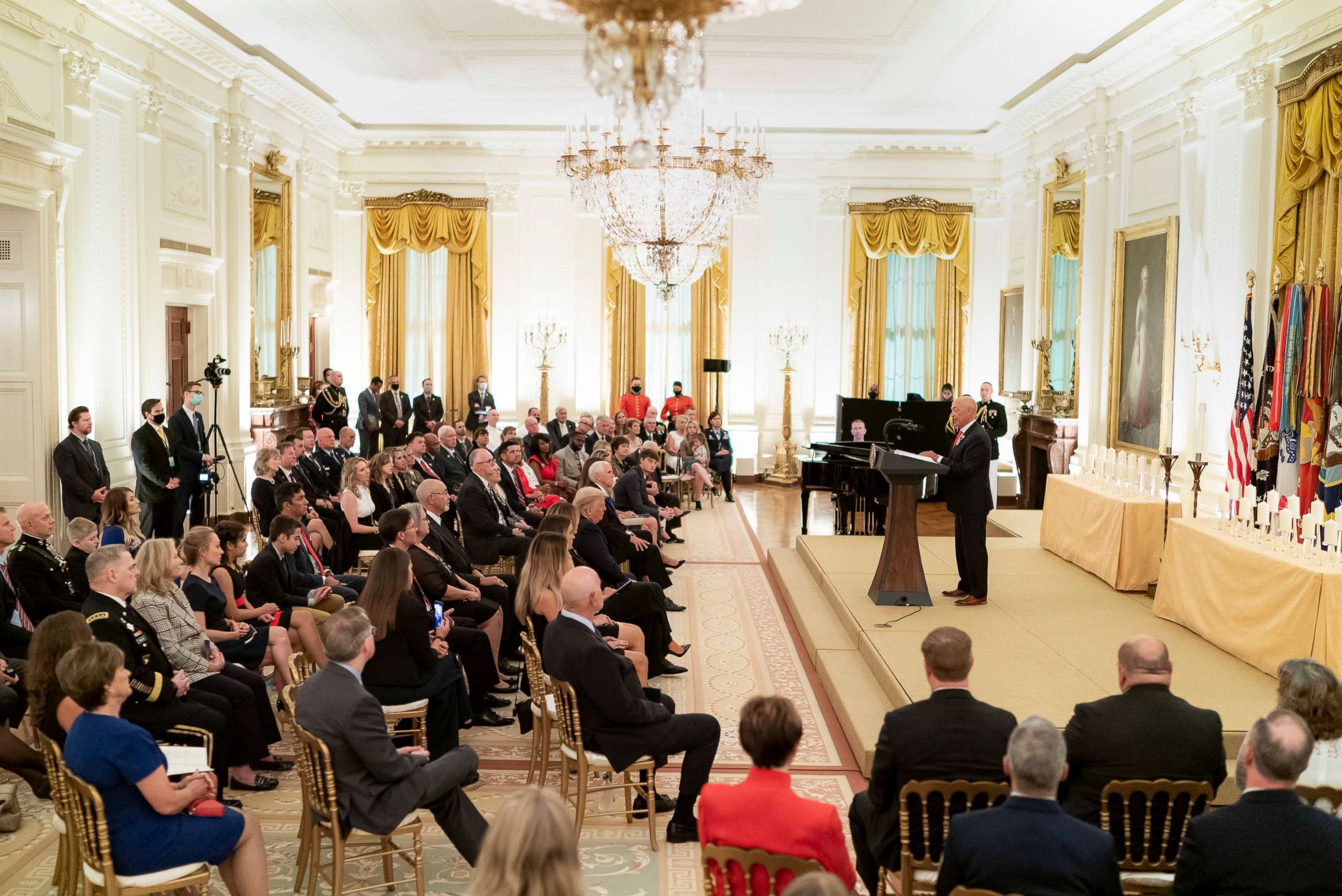 PHOTO: Gold Star father Steven Xiarhos of Yarmouth, Mass., gives remarks at a reception to honor Gold Star Families, Sept. 27, 2020, in the East Room of the White House, with President Trump and first lady Melania Trump in attendance.