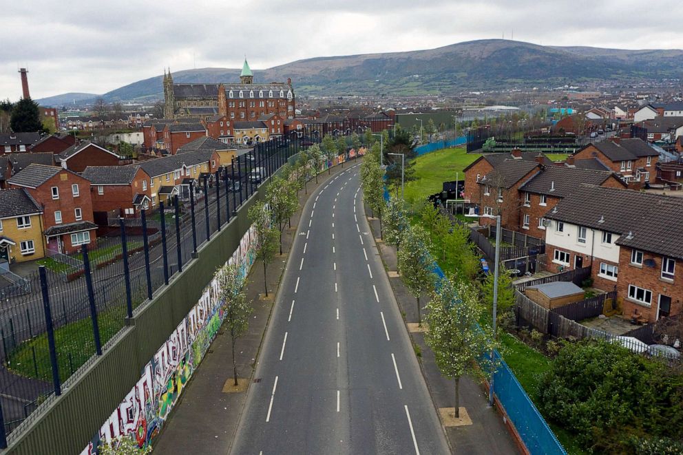 PHOTO: An ariel view of the so called Peace Wall is seen, April 3, 2023 in Belfast, Northern Ireland.