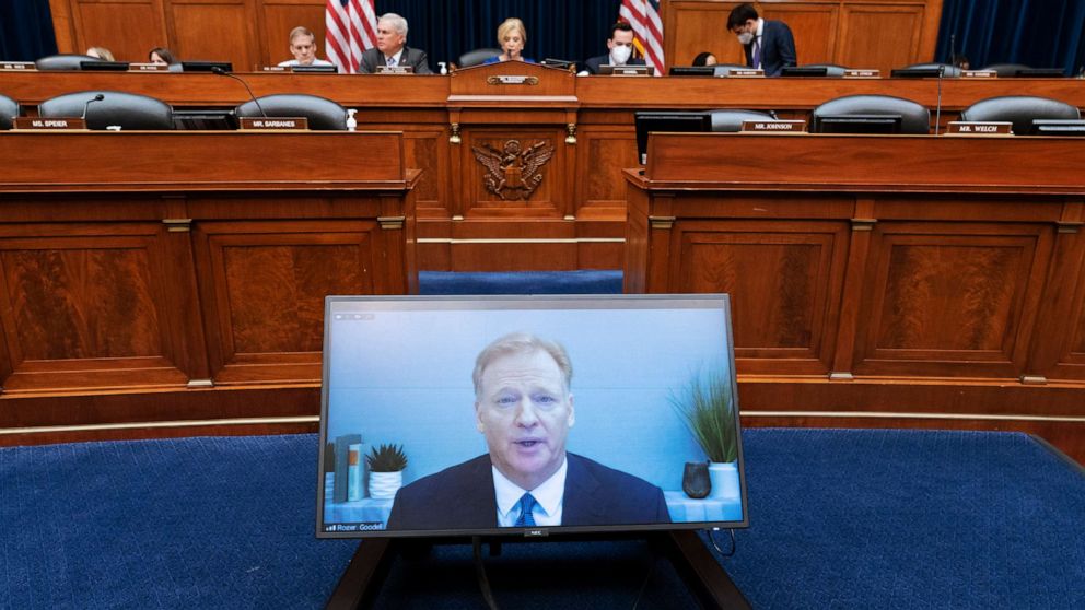 PHOTO: NFL Commissioner Roger Goodell testifies virtually, June 22, 2022, during a House Oversight Committee hearing on the Washington Commanders' workplace conduct, on Capitol Hill in Washington.