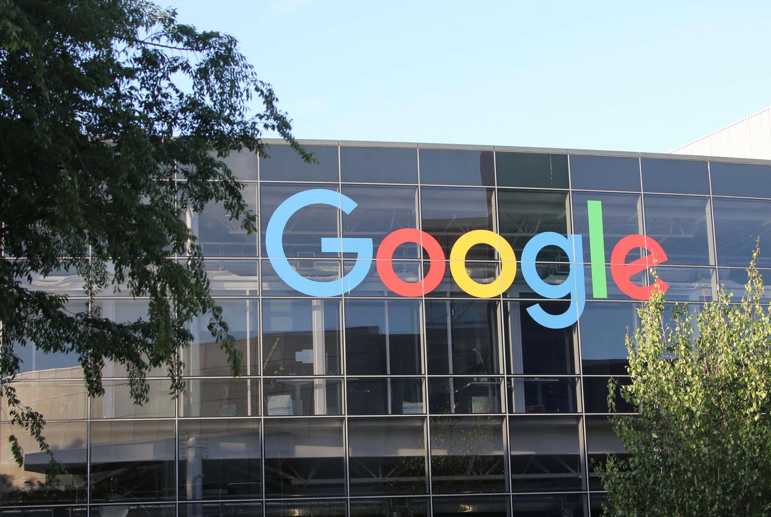 PHOTO: In this May 8, 2018, file photo, the Google logo is shown on the facade of Google's parent company Alphabet headquarters in Mountain View, Calif.
