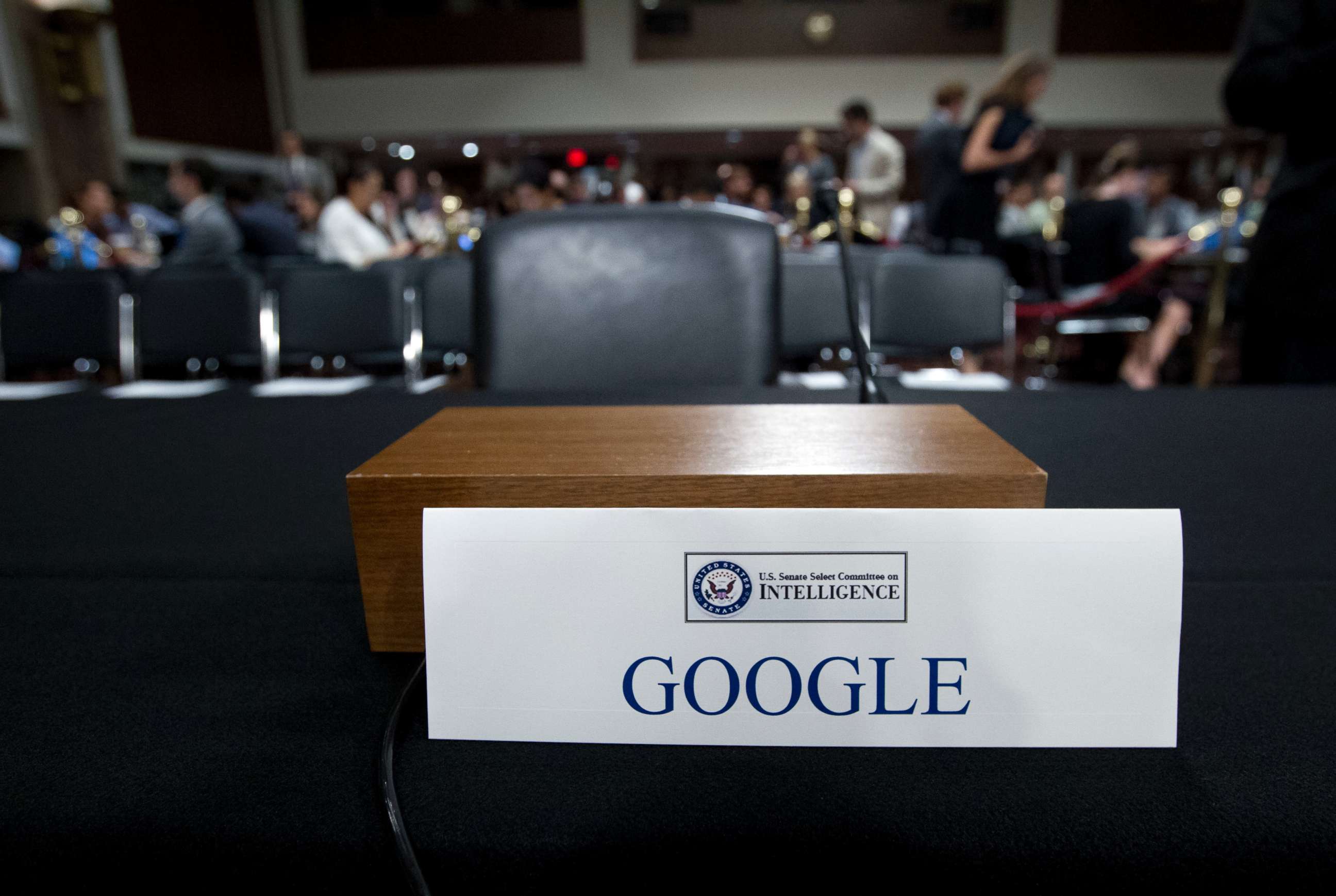 PHOTO: An empty chair reserved for Google's parent Alphabet, which refused to send its top executive, is seen at the Senate Intelligence Committee hearing Sept. 5, 2018, in Washington.