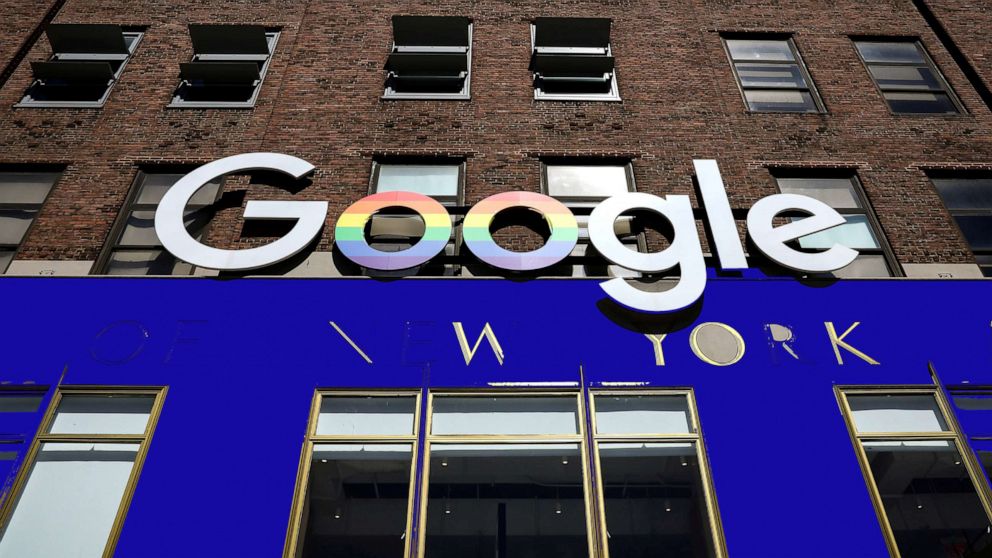 PHOTO: The Google logo is displayed outside the company offices in New York, June 4, 2019.