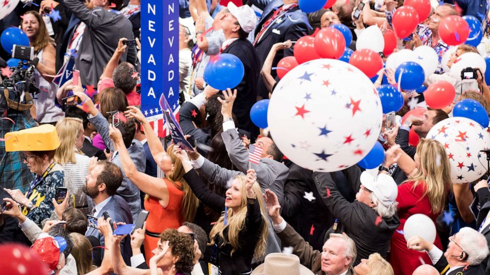 PHOTO: Delegates celebrate as balloons drop from the rafters after Donald Trump accepted the GOP nomination for President of the United States at the 2016 Republican National Convention, in Cleveland, July 21, 2016.