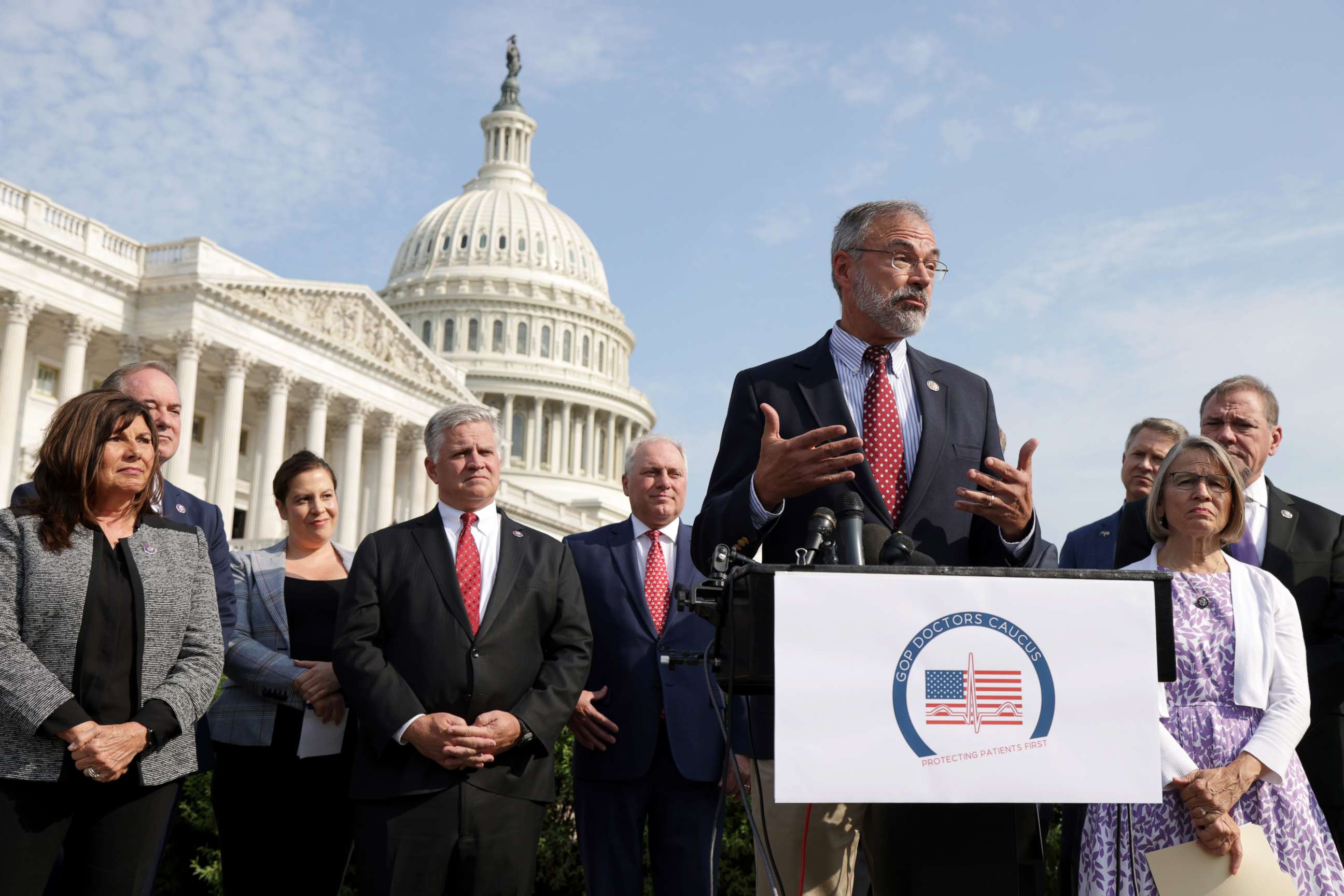 PHOTO: Rep. Andy Harris speaks as House Minority Whip Rep. Steve Scalise, House Republican Conference Chair Rep. Elise Stefanik and members of the GOP Doctors Caucus listen during a news conference in front of the Capitol, July 22, 2021, in Washington.