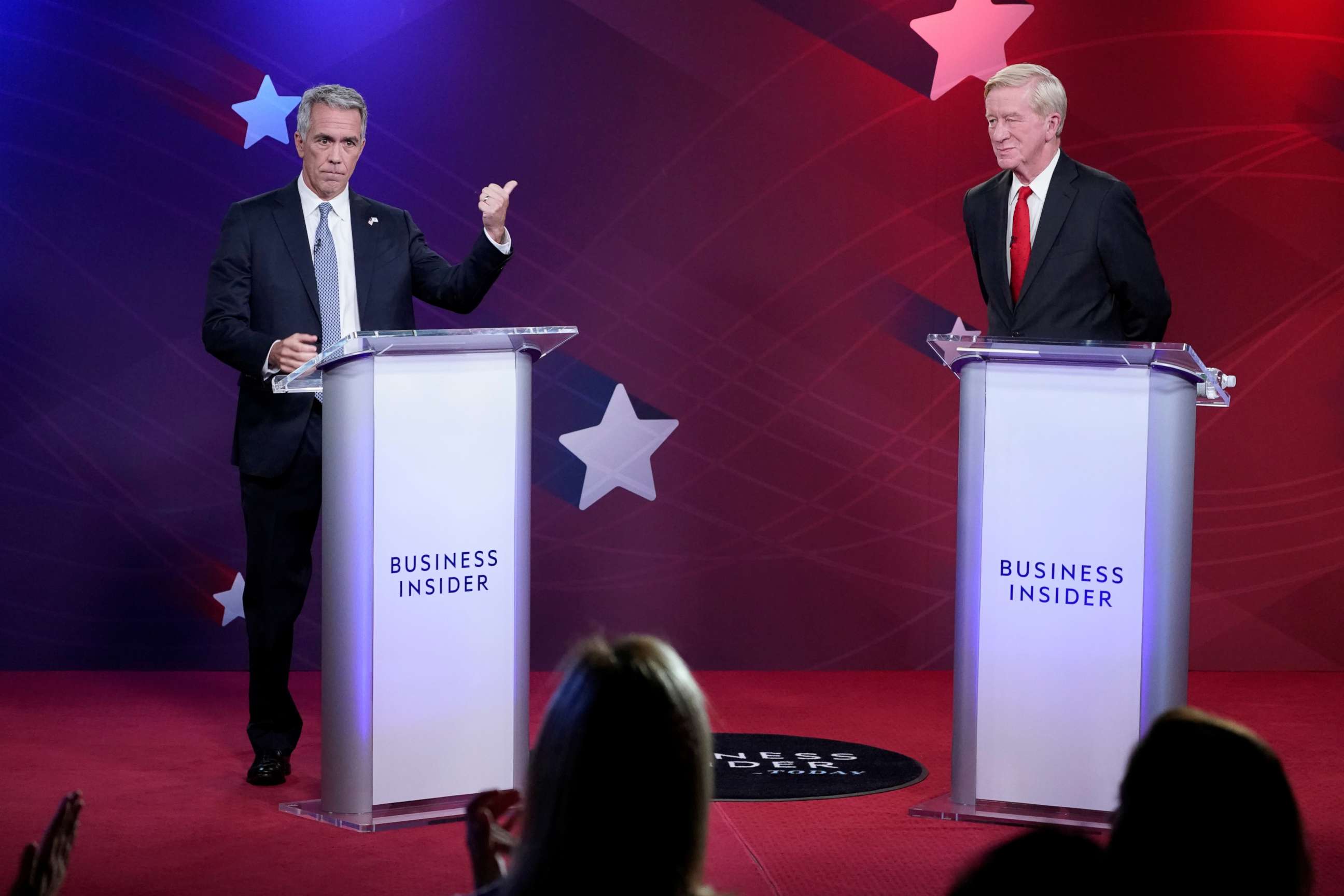 PHOTO: 2020 Republican U.S. presidential candidates, former U.S. congressman Joe Walsh (L) and former Massachusetts Governor Bill Weld begin their debate in New York, U.S. September 24, 2019.  REUTERS/Mark Kauzlarich