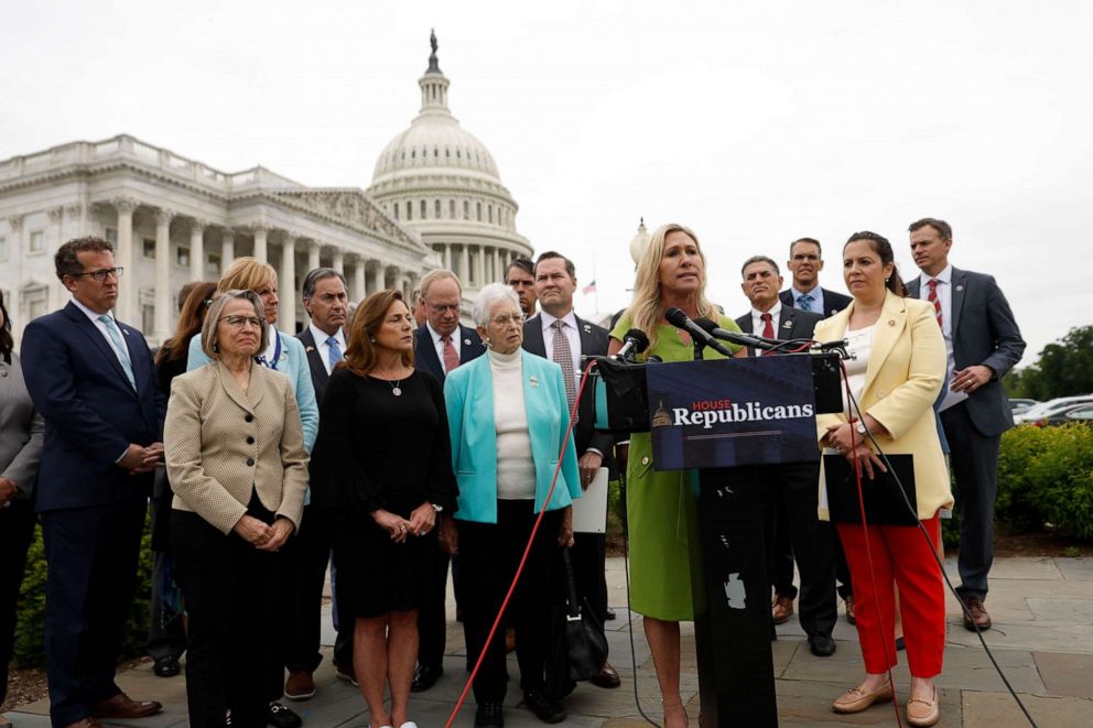 PHOTO: Rep. Marjorie Taylor Greene speaks during a news conference about the shortage of baby formula outside the US Capitol in Washington, D.C., May 12, 2022.