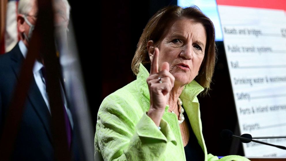 PHOTO: Sen. Shelley Capito speaks during a news conference to introduce the Republican infrastructure plan, at the U.S. Capitol in Washington, April 22, 2021. 