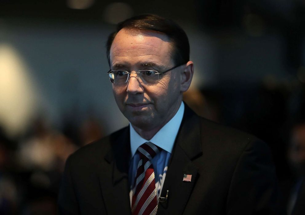 PHOTO: Deputy Attorney General Rod Rosenstein arrives at the Newseum to participate in a chat about the state of the internet, hosted by The Internet Society, on Jan. 29, 2018 in Washington, DC. 