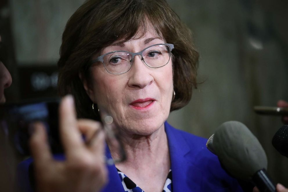 PHOTO: Sen. Susan Collins answers questions from reporters on allegations against Supreme Court nominee Brett Kavanaugh on Capitol Hill, Sept. 17, 2018 in Washington.